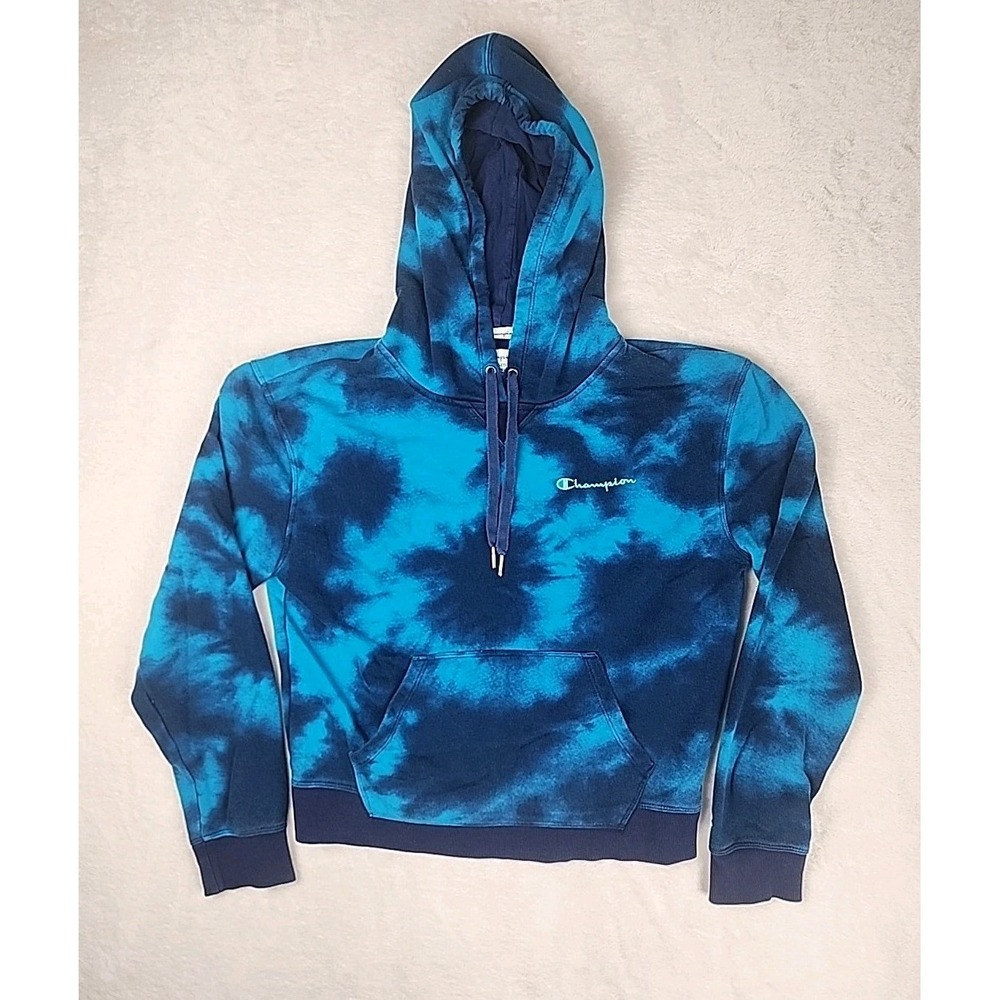 Champion Hoodie Womens Medium Blue Tie Dye Signature Logo Pullover Sweatshirt